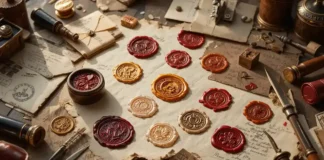A flat lay of elegant wax seal stamps with melted wax impressions
