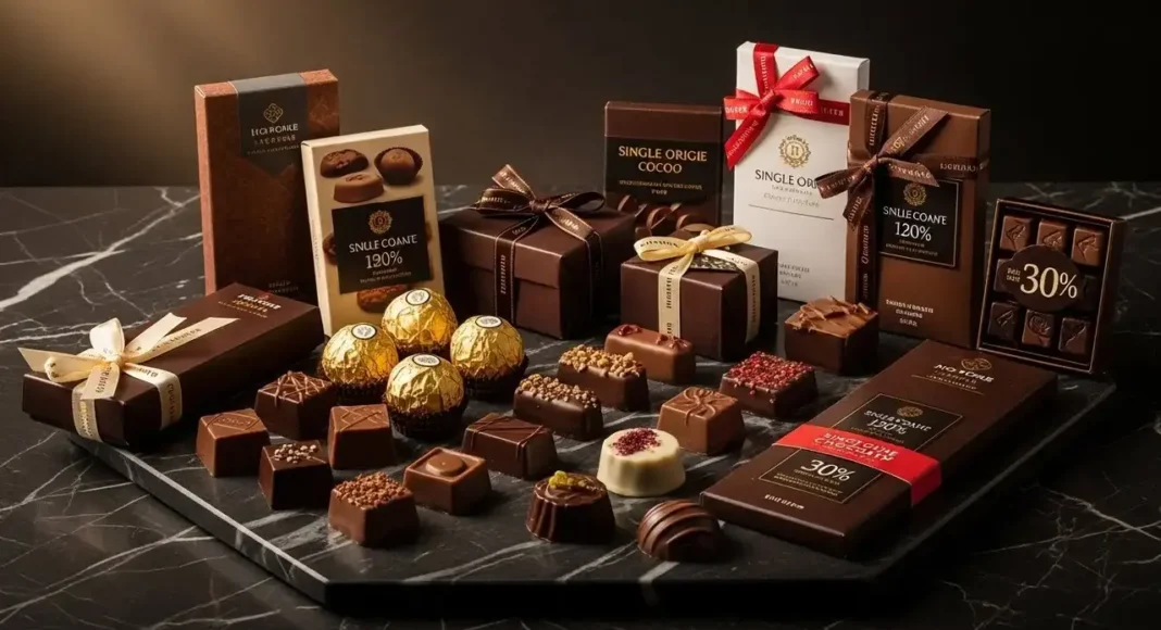 A luxurious assortment of the world’s most expensive chocolate brands displayed on a dark marble surface