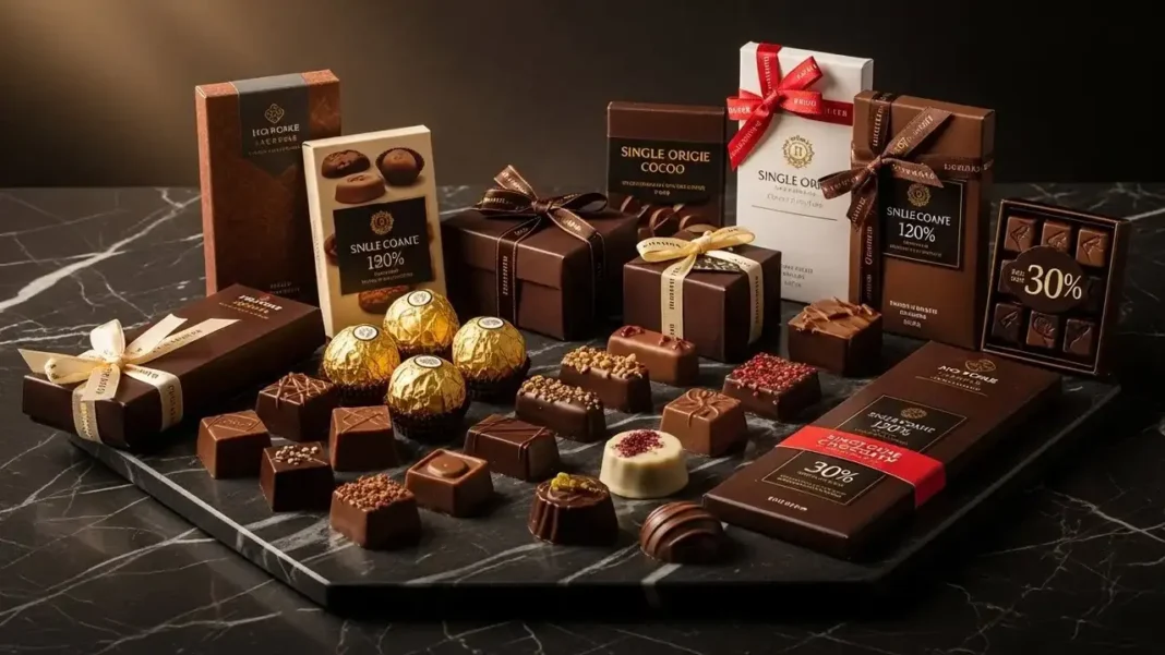 A luxurious assortment of the world’s most expensive chocolate brands displayed on a dark marble surface