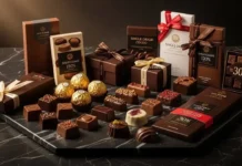 A luxurious assortment of the world’s most expensive chocolate brands displayed on a dark marble surface