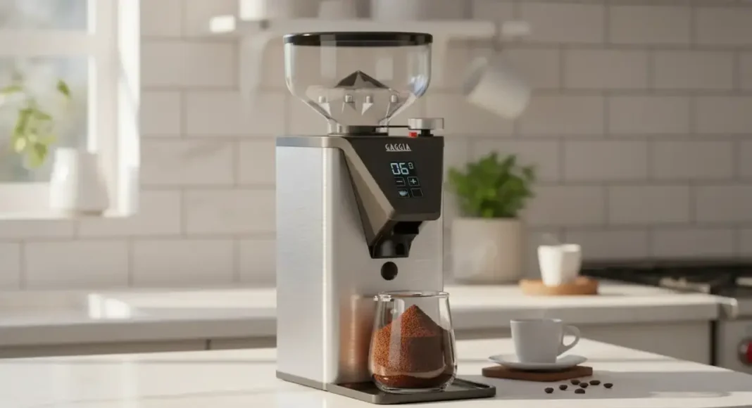 A sleek Gaggia grinder on a modern kitchen countertop A sleek Gaggia grinder on a modern kitchen countertop