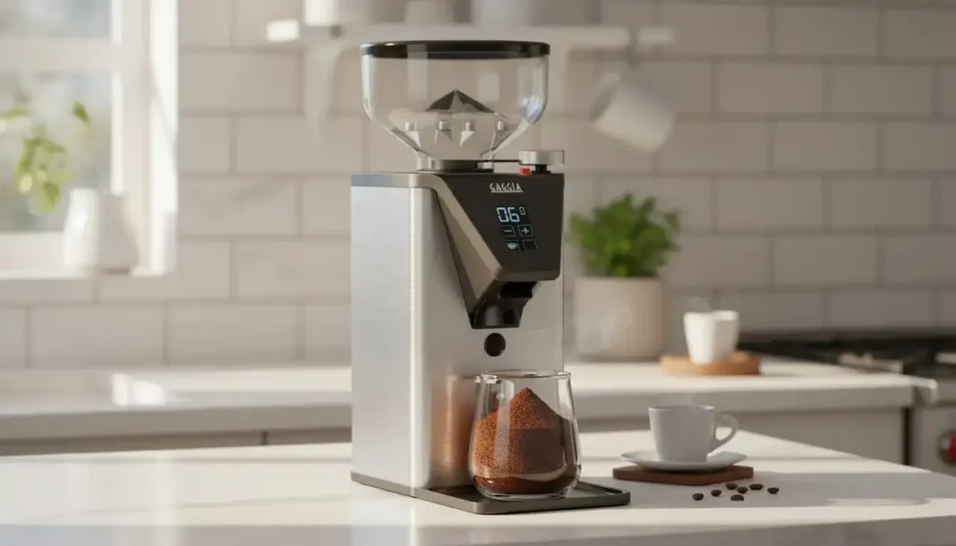 A sleek Gaggia grinder on a modern kitchen countertop