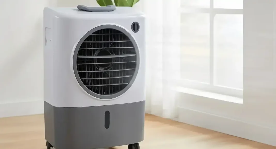 A sleek Hessaire evaporative cooler placed in a bright modern living room