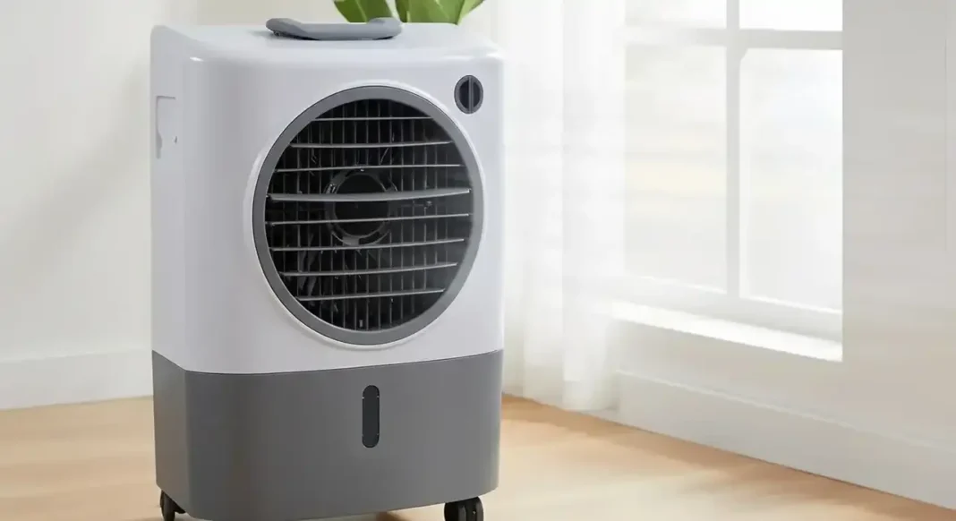 A sleek Hessaire evaporative cooler placed in a bright modern living room