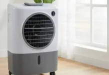 Hessaire Evaporative Cooler: Efficiency, Models, and Maintenance A sleek Hessaire evaporative cooler placed in a bright modern living room