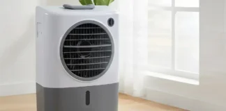 A sleek Hessaire evaporative cooler placed in a bright modern living room
