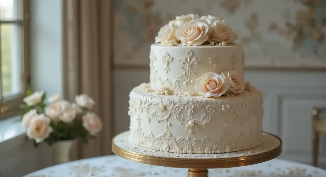 Elegant vintage wedding cake on an antique gold stand Elegant vintage wedding cake on an antique gold stand