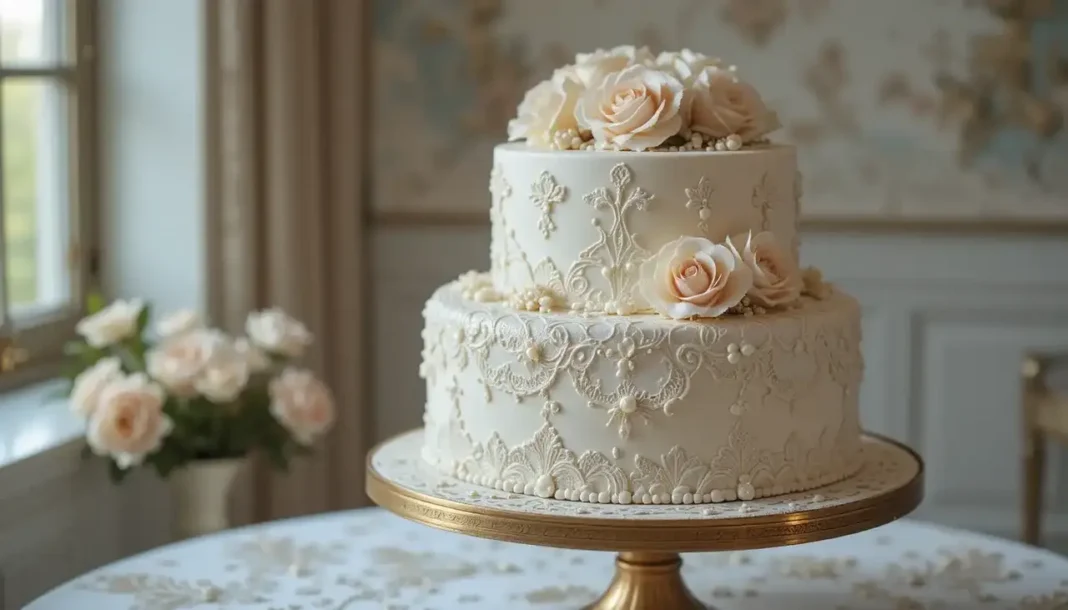 Elegant vintage wedding cake on an antique gold stand