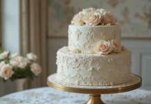Elegant vintage wedding cake on an antique gold stand