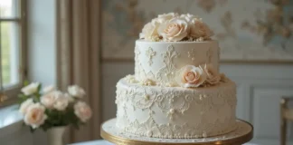 Elegant vintage wedding cake on an antique gold stand