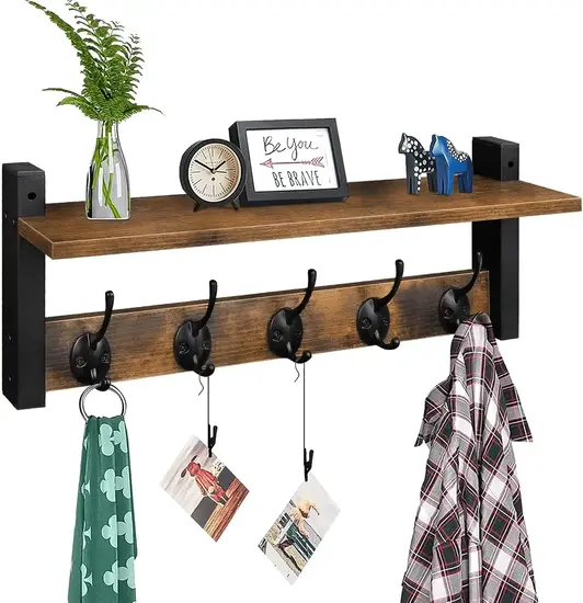 Entryway Hanging Shelves with 5 Metal Hooks