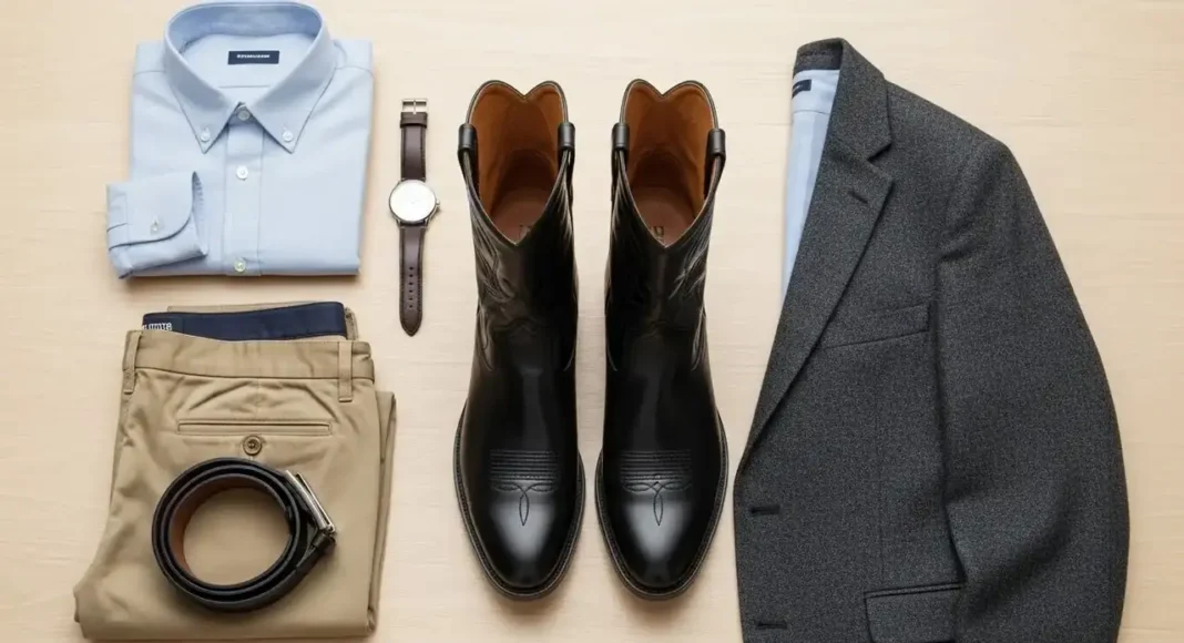 Flat lay styling photo on light wood background featuring casual cowboy boots