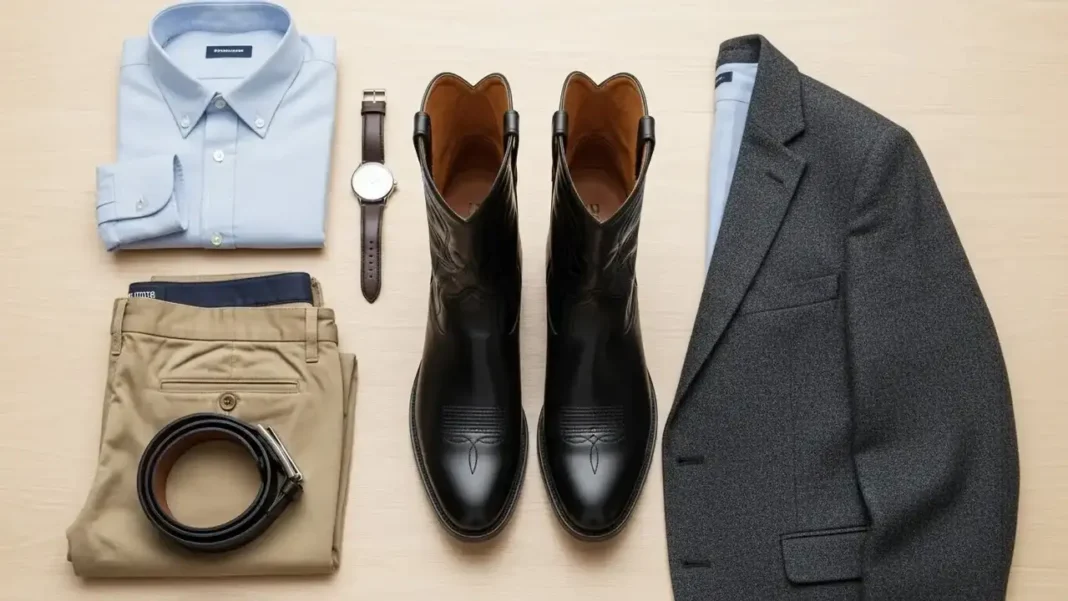 Flat lay styling photo on light wood background featuring casual cowboy boots
