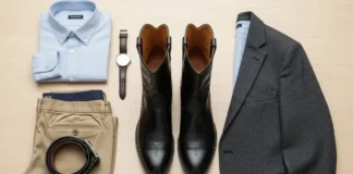 Casual Cowboy Boots: Style Guide + Office Tips Flat lay styling photo on light wood background featuring casual cowboy boots