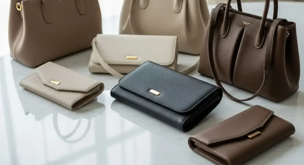 High-end quiet luxury handbags displayed elegantly on a minimalist marble surface