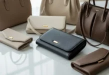 High-end quiet luxury handbags displayed elegantly on a minimalist marble surface