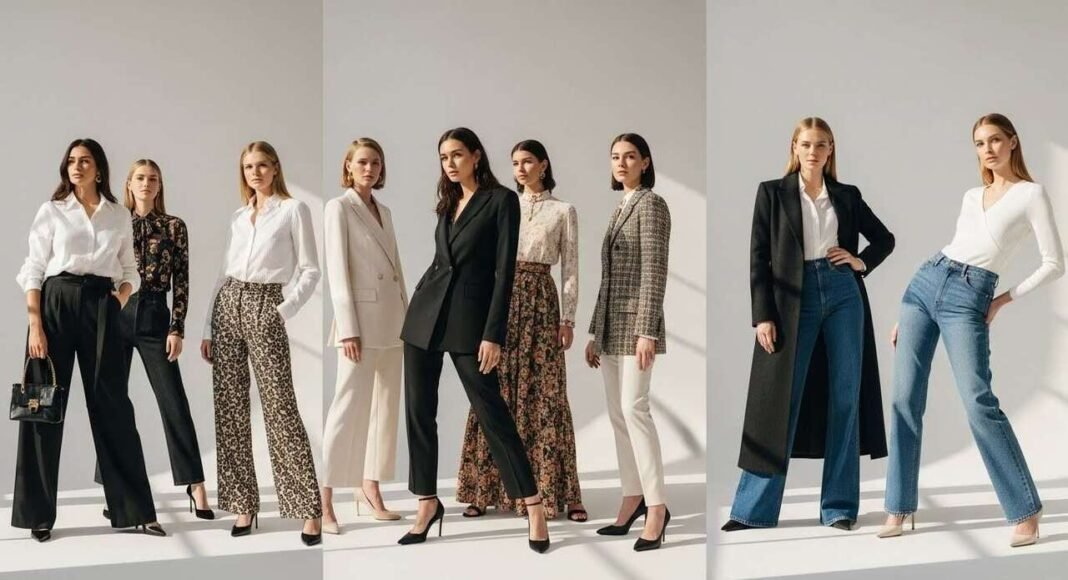 Modern fashion styles female showcase in a bright, elegant studio