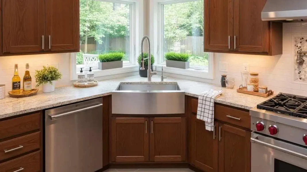 Ultra-modern kitchen interior with a stylish corner sink cabinets