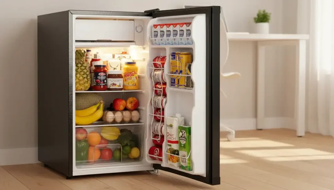 A sleek 3.2 cu ft mini fridge with freezer with its door slightly open