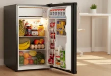 Honest Upstreman 3.2 Cu Ft Mini Fridge Review: Worth It in 2025? A sleek 3.2 cu ft mini fridge with freezer with its door slightly open