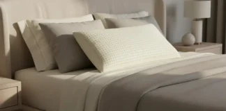 The best Latex Pillows for Better Sleep & Pain Relief bedroom scene featuring a premium natural latex pillow on a luxury bed