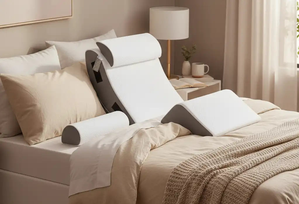 bedroom scene showing a premium orthopedic wedge pillow set
