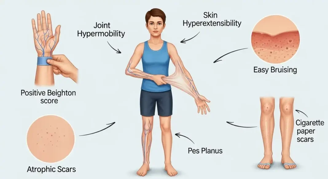 detailed medical illustration featuring ehlers-danlos syndrome signs