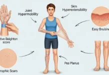 detailed medical illustration featuring ehlers-danlos syndrome signs