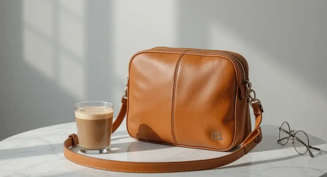 image-of-a-tan-leather-crossbody-bag image of a tan leather crossbody bag placed on a marble table