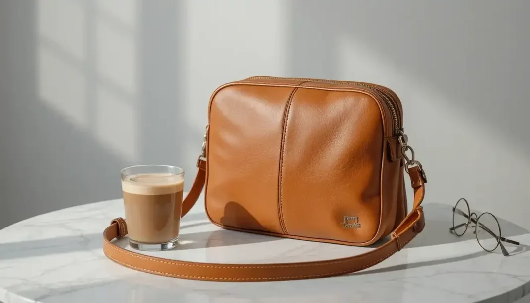 image of a tan leather crossbody bag placed on a marble table