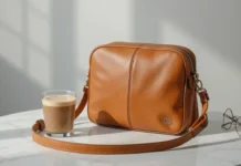 image of a tan leather crossbody bag placed on a marble table