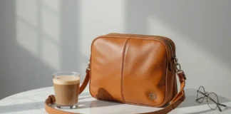 image of a tan leather crossbody bag placed on a marble table