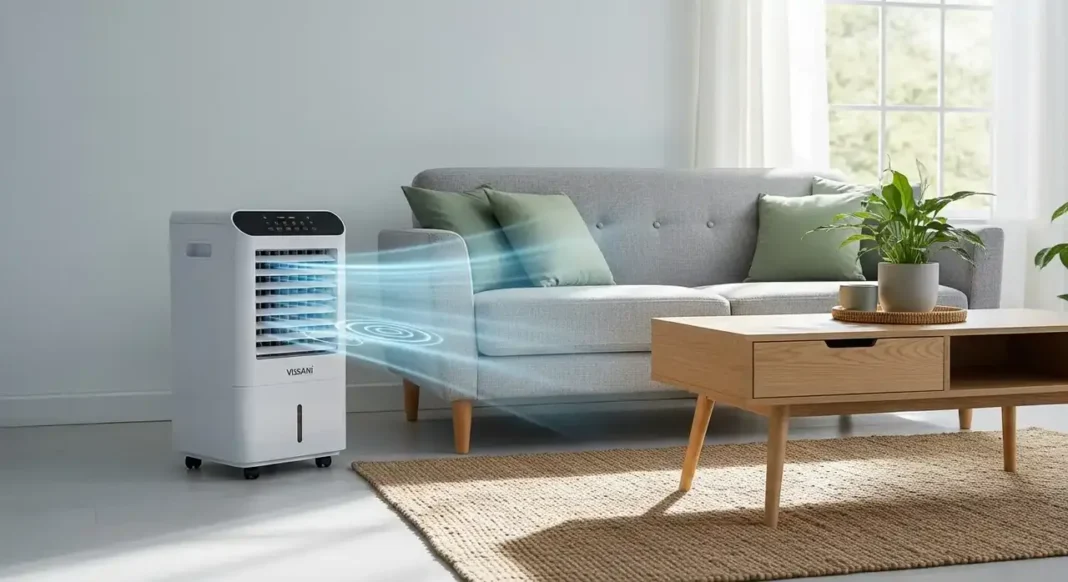 living room interior with a sleek Vissani evaporative air cooler beside a cozy sofa