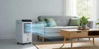living room interior with a sleek Vissani evaporative air cooler beside a cozy sofa