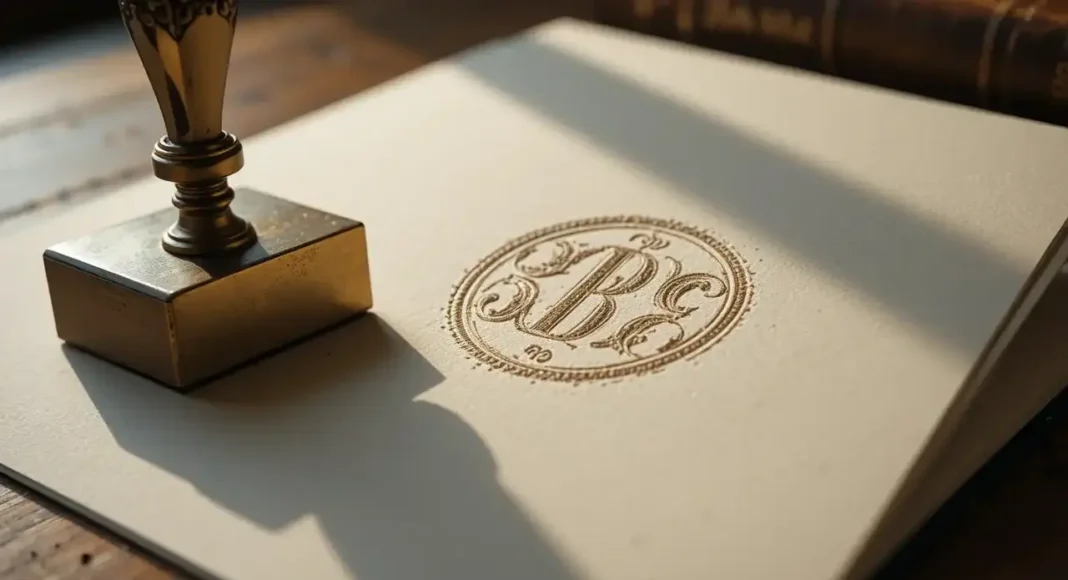 photograph of an elegant brass custom embosser pressing into cream-colored cotton paper on a wooden desk photograph of an elegant brass custom embosser pressing into cream-colored cotton paper on a wooden desk