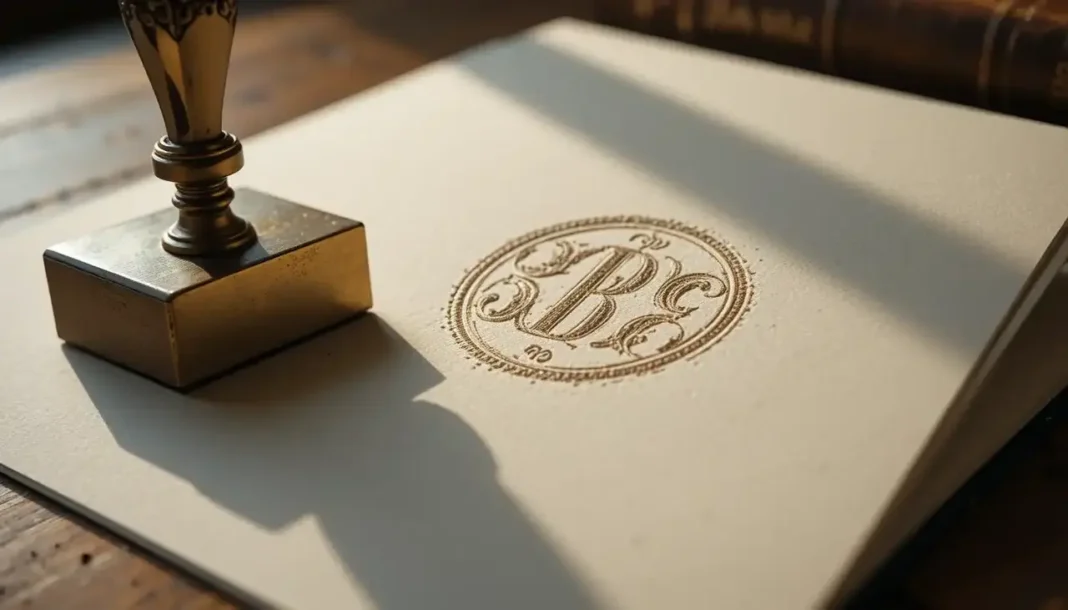 photograph of an elegant brass custom embosser pressing into cream-colored cotton paper on a wooden desk