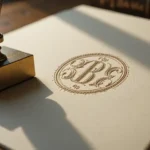 Custom Embosser Secrets: Impress Clients Every Time photograph of an elegant brass custom embosser pressing into cream-colored cotton paper on a wooden desk