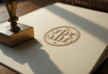 Custom Embosser Secrets: Impress Clients Every Time photograph of an elegant brass custom embosser pressing into cream-colored cotton paper on a wooden desk