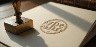 photograph of an elegant brass custom embosser pressing into cream-colored cotton paper on a wooden desk