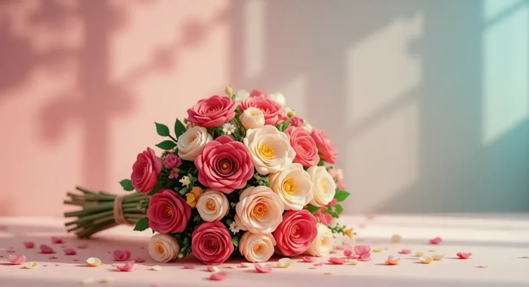 romantic LEGO flower bouquet arranged on a minimalist table