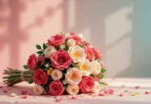 romantic LEGO flower bouquet arranged on a minimalist table