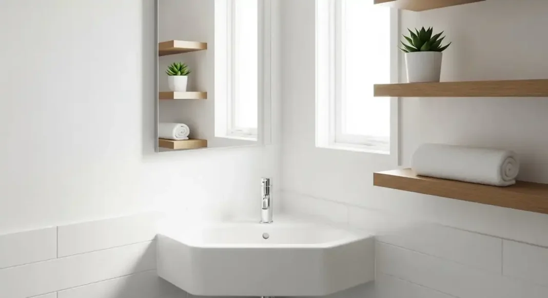 stylish white small corner sink installed in a bright, minimalist corner stylish white small corner sink installed in a bright, minimalist corner