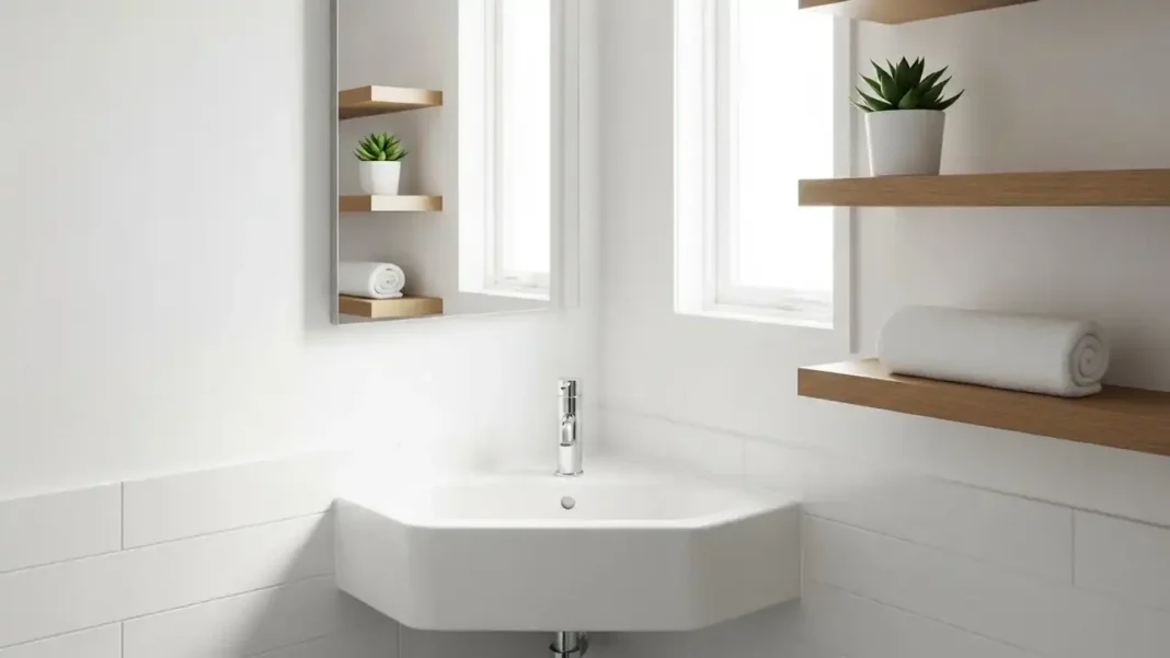 stylish white small corner sink installed in a bright, minimalist corner