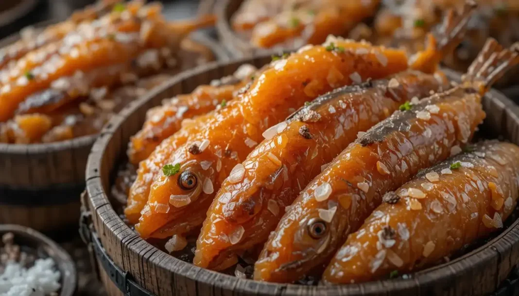 traditional fermented fish arranged in rustic wooden barrels