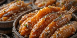 traditional fermented fish arranged in rustic wooden barrels