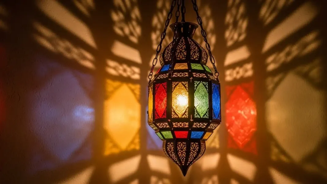 A luxurious Moroccan-style hanging lantern glowing warmly in a cozy living room
