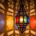 Moroccan Style Hanging Lanterns for Elegant Homes A luxurious Moroccan-style hanging lantern glowing warmly in a cozy living room