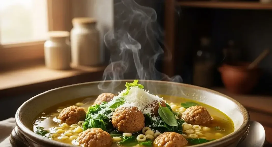 A steaming bowl of Italian wedding soup with golden mini meatballs