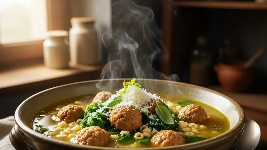 A steaming bowl of Italian wedding soup with golden mini meatballs