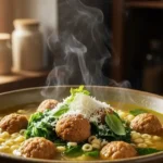 Italian Wedding Soup Recipe That Always Impresses A steaming bowl of Italian wedding soup with golden mini meatballs